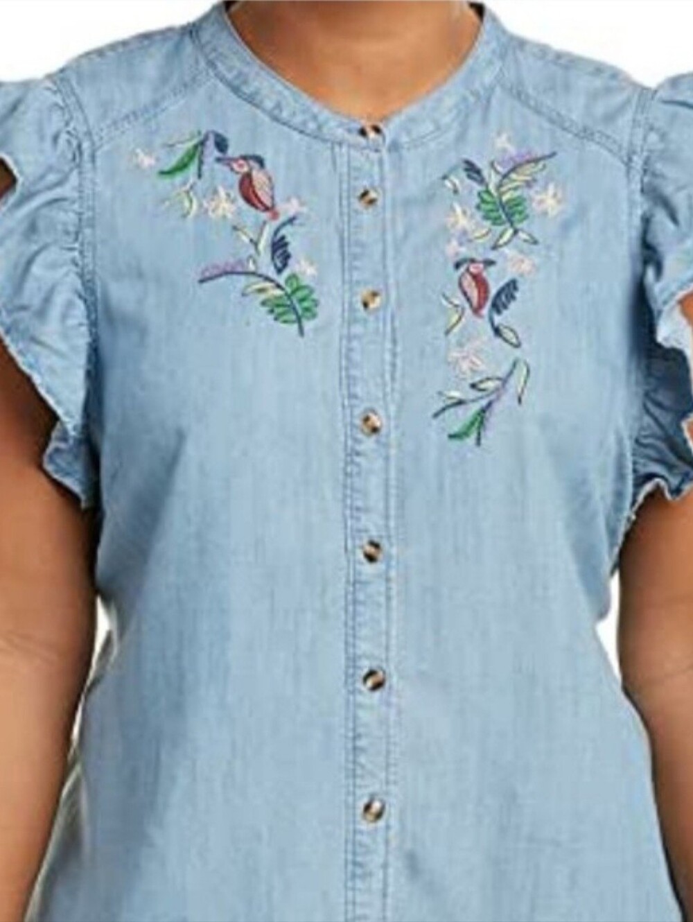 Melissa Mccarthy Seven7 Top Embroidered Birds Florals Chambray Ruffle Sleeve 1X
